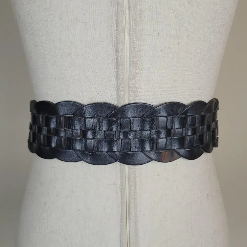 Gap Belt Womens Large Black Leather Wide Woven Plaited Waist Brass Buckle Boho